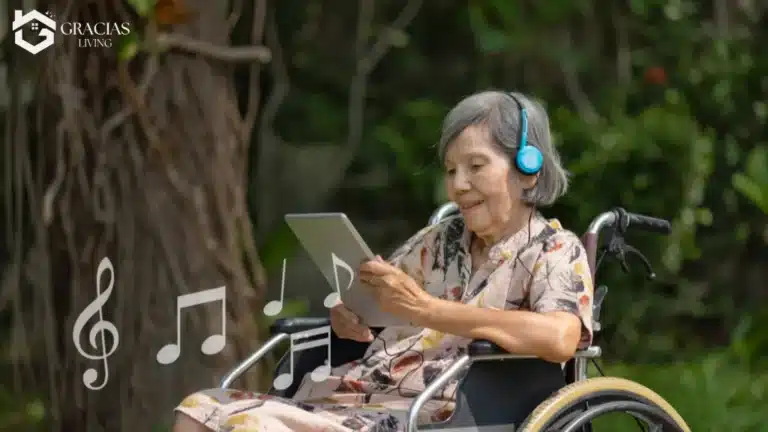 Elderly woman with dementia enjoying music therapy on headphones