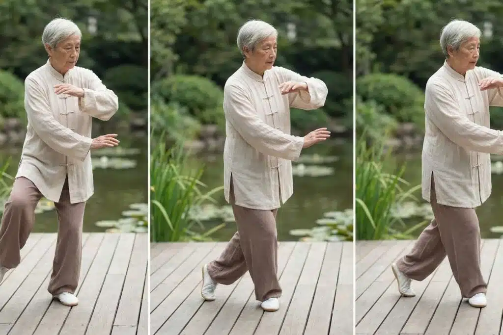 Senior Men practicing the flowing “cloud hands” movement with slow, controlled arm motions and steady footwork