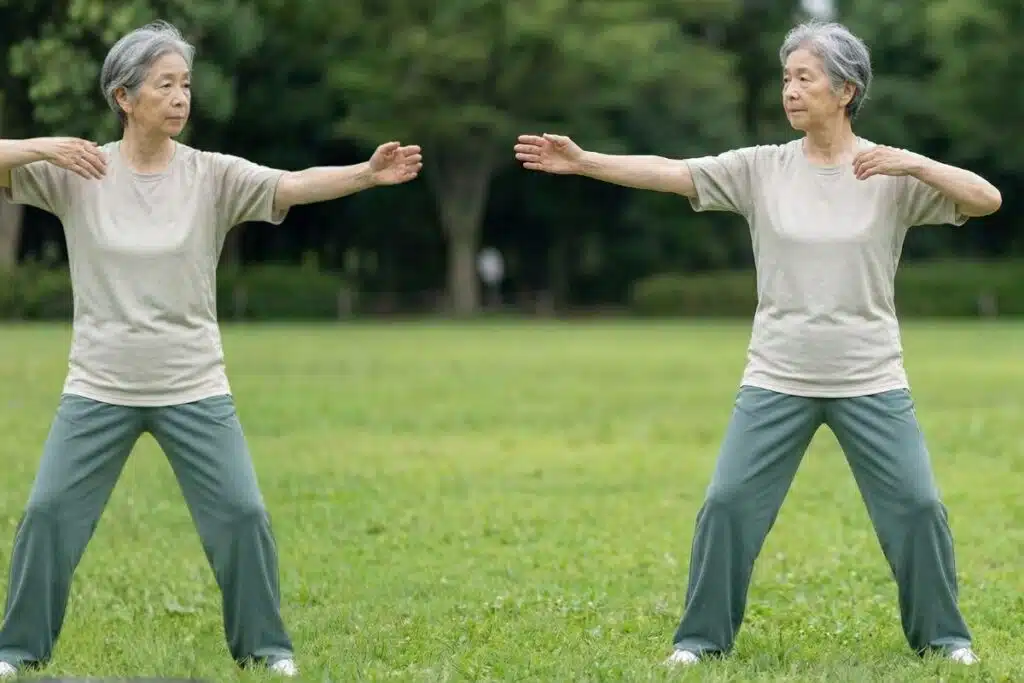 Senior Women performing the “drawing the bow” movement with arms extended sideways and a grounded, balanced stance