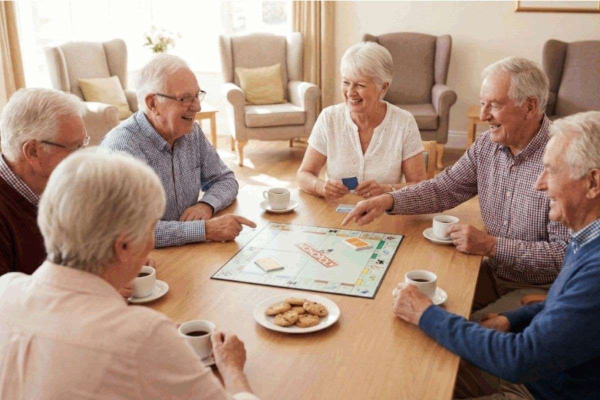 Senior sengaging in social board game