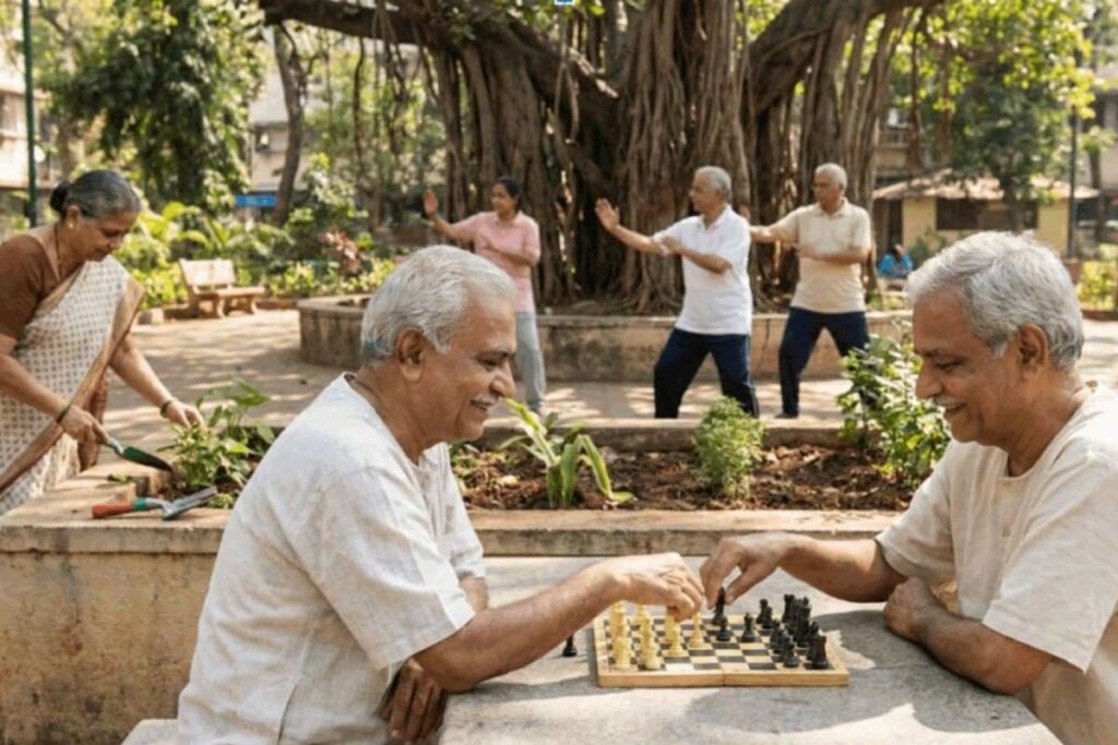 Seniors enjoying a social afternoon of outdoor hobbies like chess, Tai Chi, and gardening.