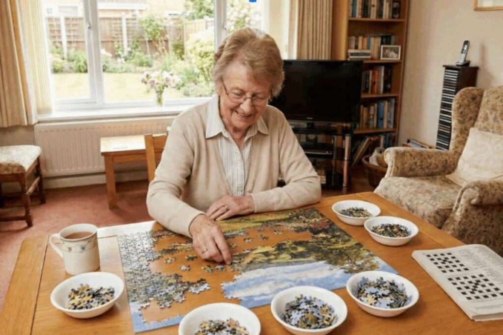 A smiling senior woman with styled white hair sits comfortably at a round wooden table, focused on assembling a colorful jigsaw puzzle of a landscape.