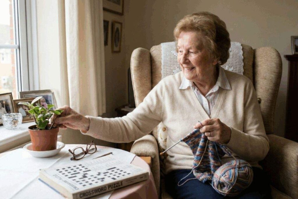 An elderly woman smiling in an armchair while knitting with colorful yarn, reaching toward a potted plant next to an open crossword puzzle book.